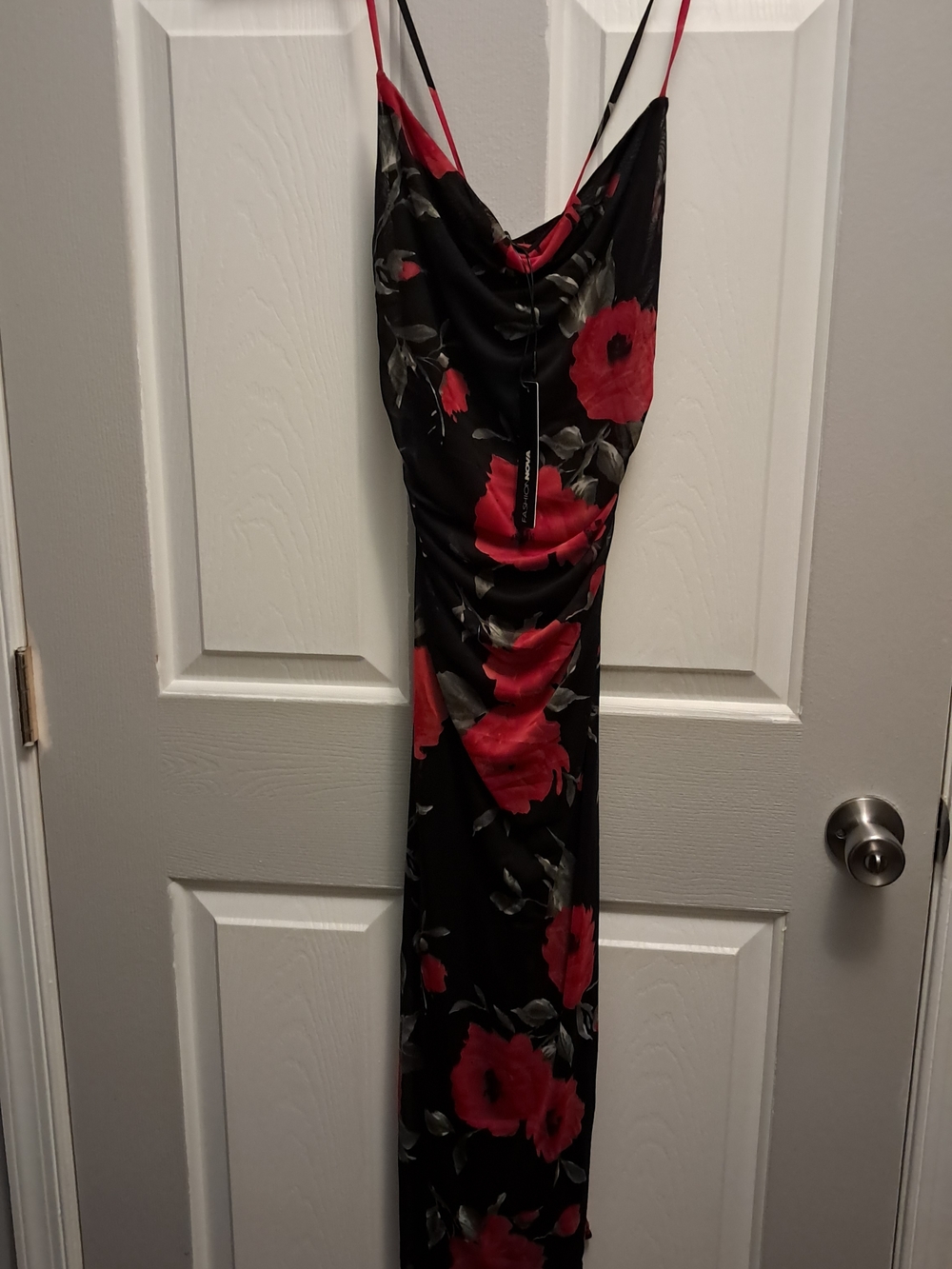 Fashion Nova Black Maxi Slip Dress with Red Floral Print